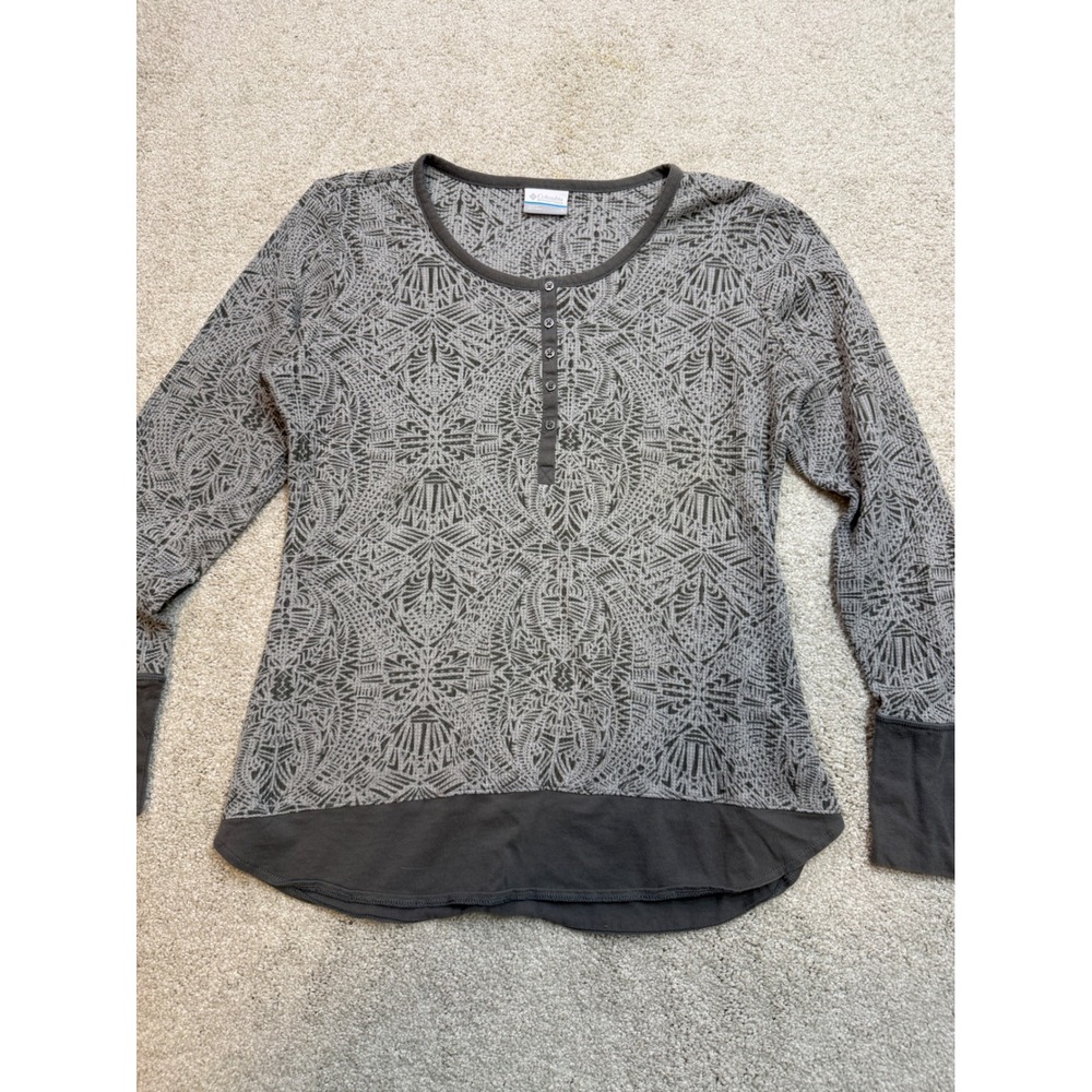 Columbia Womens Grey‎ Geometric Tribal Waffle Knit Henley Long Sleeve Top Large